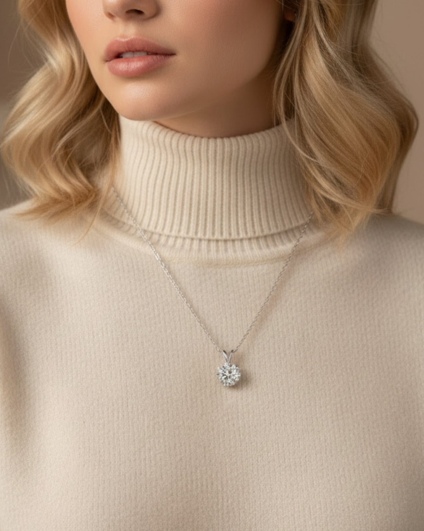 LUMIOR 1 karaat moissanite solitaire hanger in 925 sterling zilver gedragen door een vrouw met een beige coltrui.