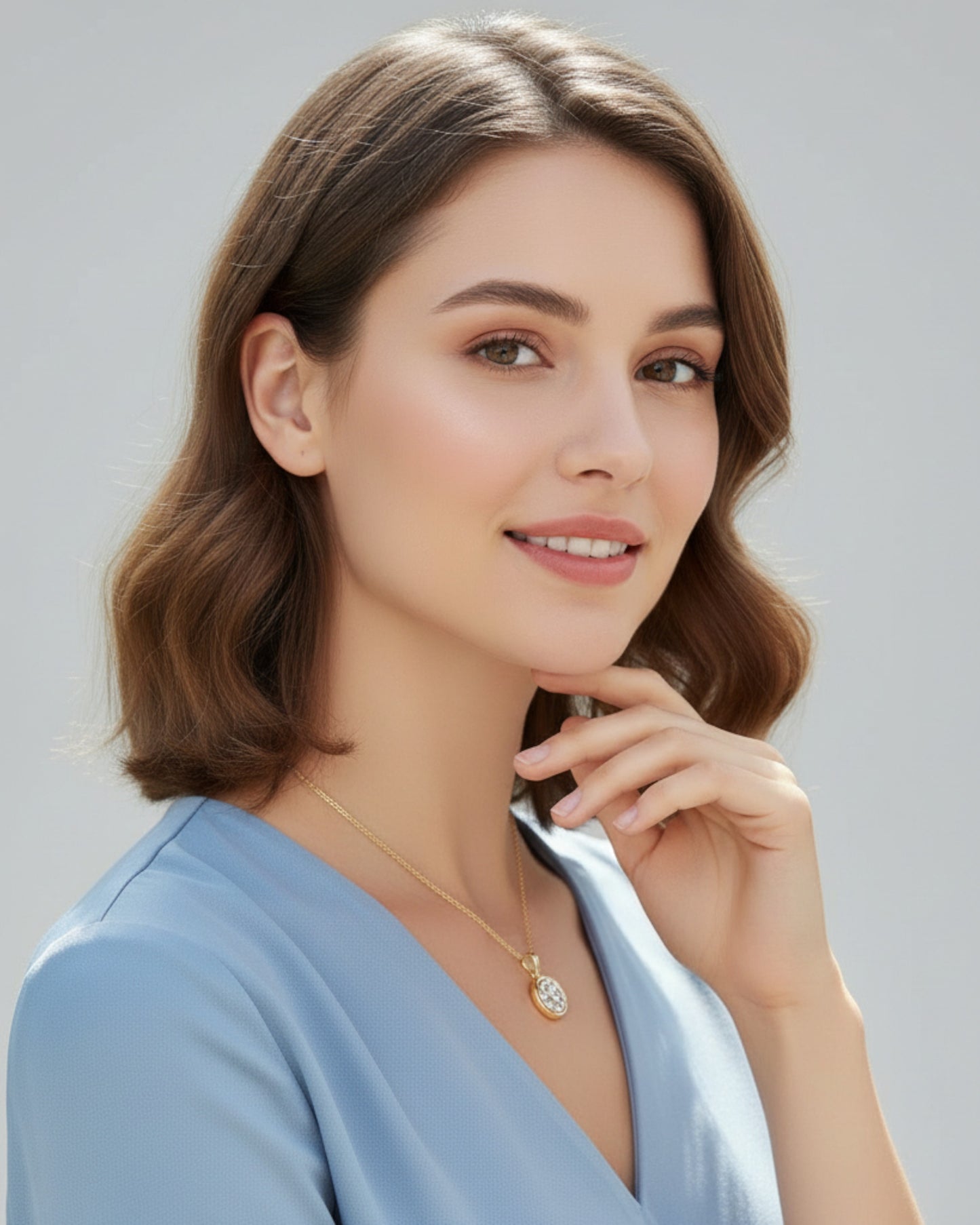 Vrouw draagt LUMIOR 2 karaat moissanite solitaire ketting in 18K goud verguld zilver tegen een grijze achtergrond.