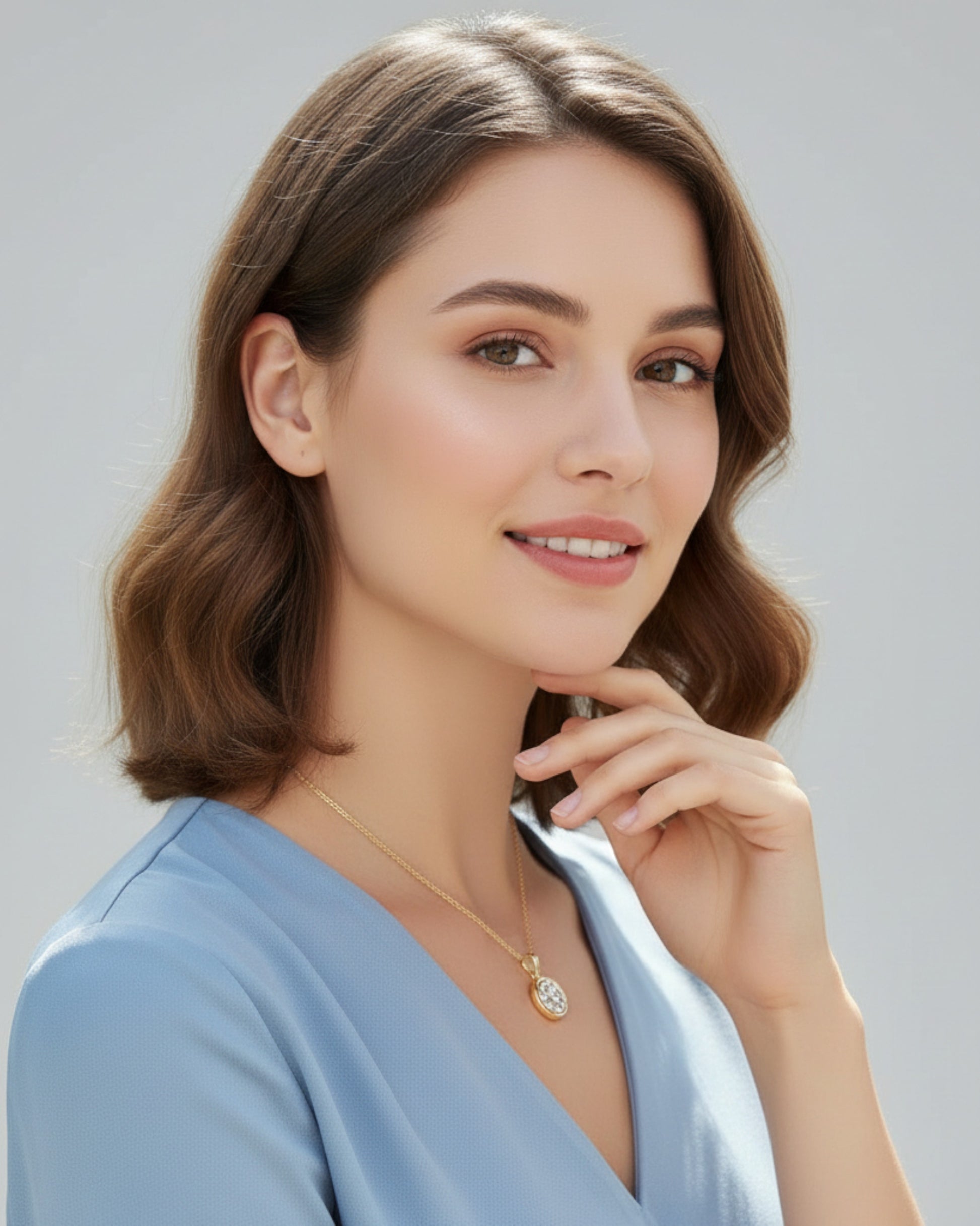 Vrouw draagt LUMIOR 2 karaat moissanite solitaire ketting in 18K goud verguld zilver tegen een grijze achtergrond.