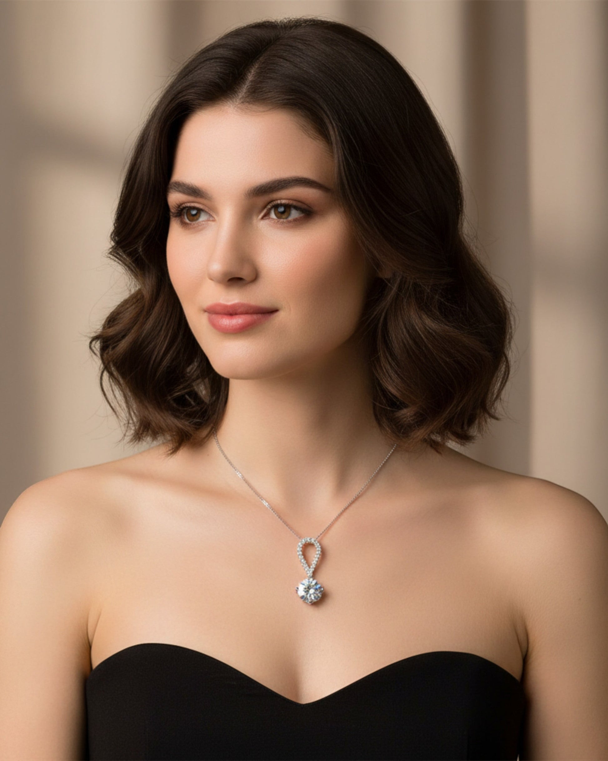 LUMIOR 5 karaats peervormige moissanite ketting van 925 sterling zilver gedragen door een vrouw in een zwarte jurk.