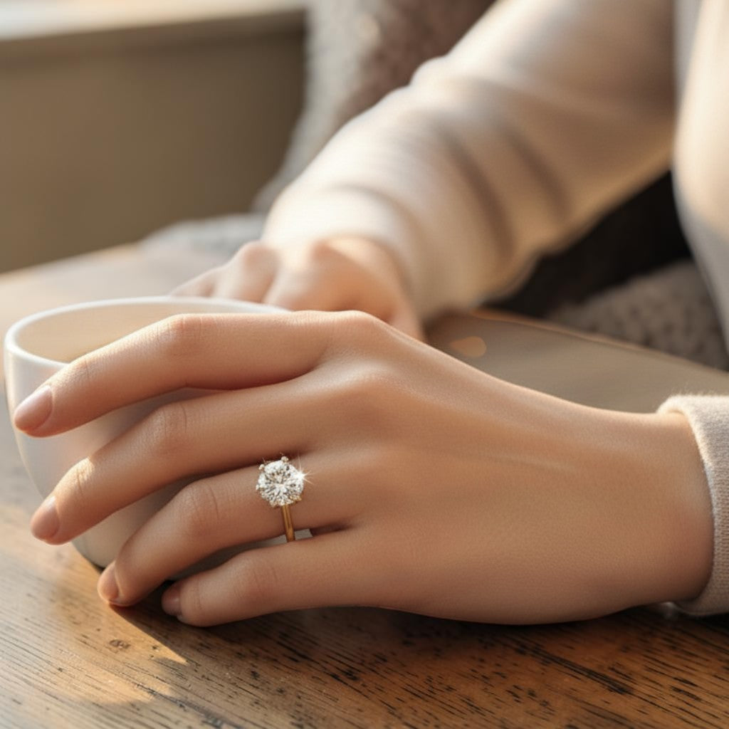 LUMIOR Regina™ 6-prong kroon moissanite verlovingsring in 18K geelgoud verguld sterling zilver met VVS1 D-kleur steen.