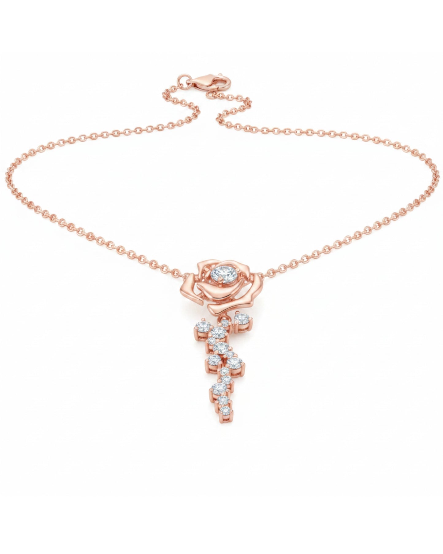 LUMIOR ketting van 18k roségoud verguld zilver met een wisteria bloemmotief en sprankelende moissanite stenen.