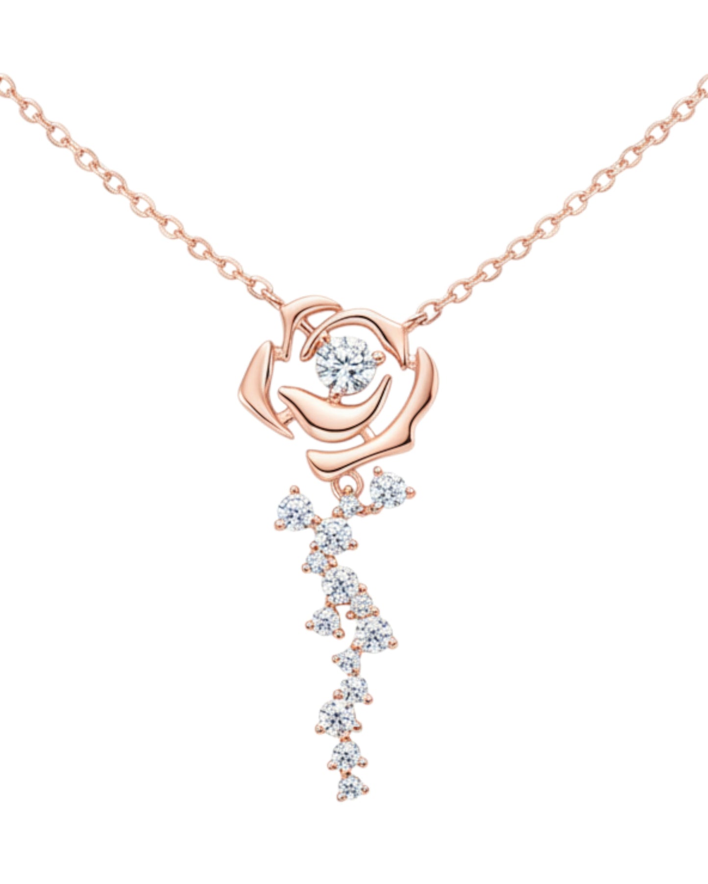 LUMIOR ketting van 18k roségoud verguld zilver met een bloemmotief en sprankelende moissanite stenen.