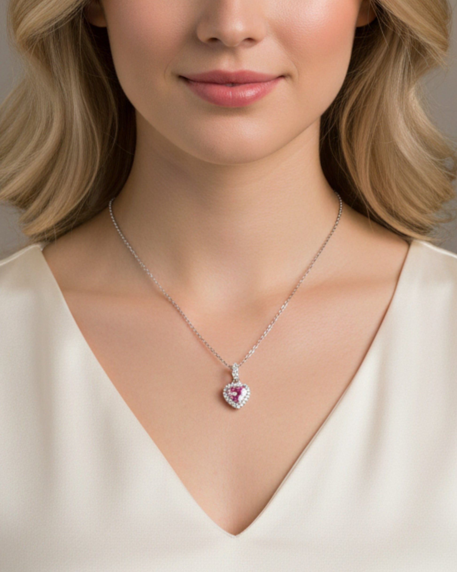 Model draagt LUMIOR 1 karaat roze hartvormige moissanite ketting met zilveren accenten en platina afwerking.