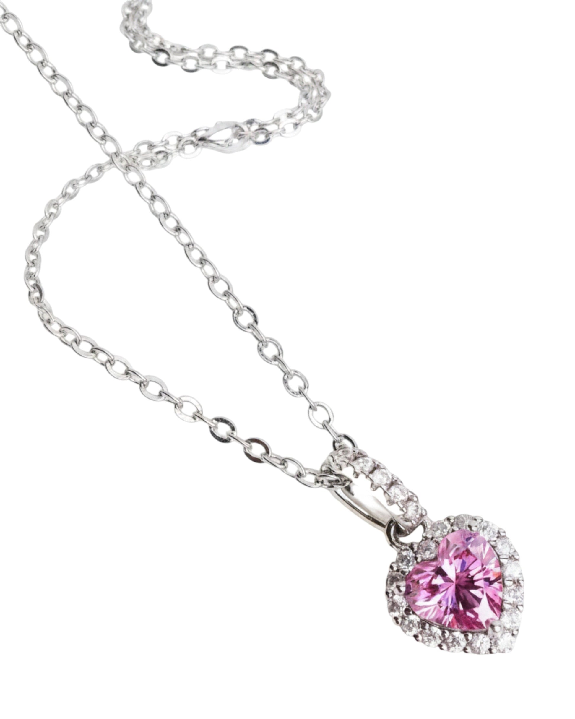 LUMIOR 1 karaat roze hartvormige moissanite ketting van 925 sterling zilver met platina plating en zirkonia accenten.