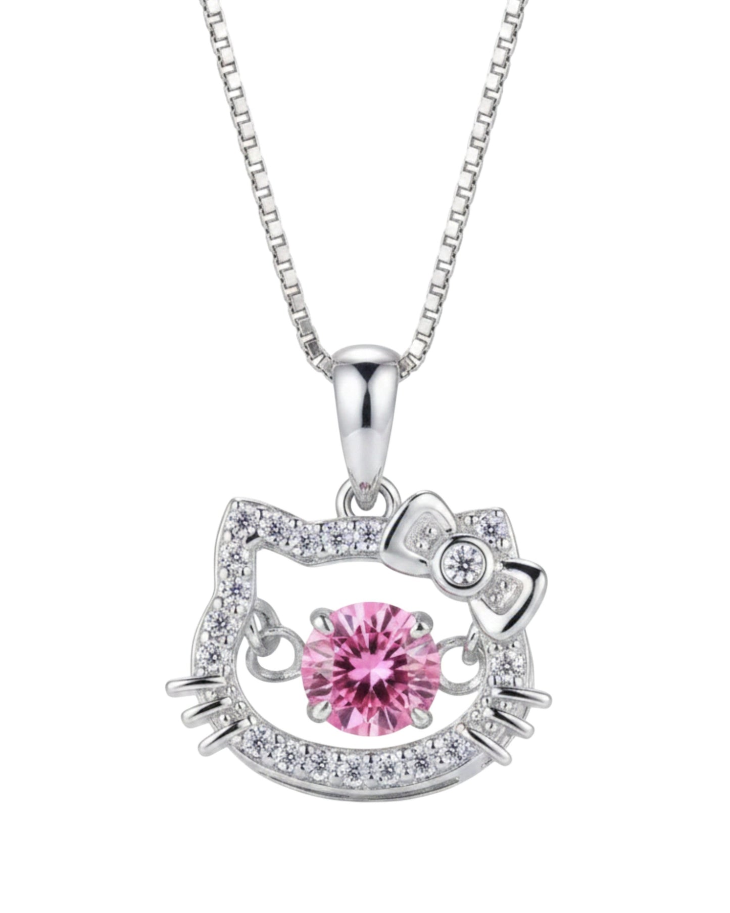 LUMIOR ketting met roze moissanite hanger in Hello Kitty-stijl, vervaardigd van 925 sterling zilver met platina.