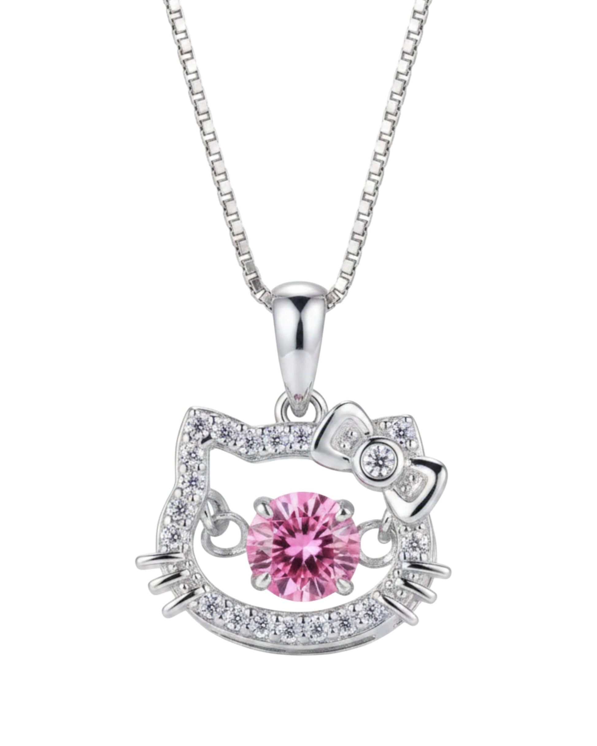 LUMIOR ketting met roze moissanite hanger in Hello Kitty-stijl, vervaardigd van 925 sterling zilver met platina.