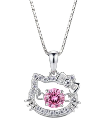 LUMIOR ketting met roze moissanite hanger in Hello Kitty-stijl, vervaardigd van 925 sterling zilver met platina.