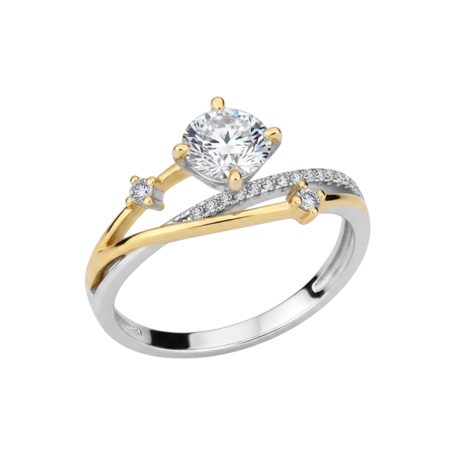 LUMIOR Seraphina ring met 1 karaat ronde moissaniet diamant in 4-prong zetting, tweekleurig zilver en goud