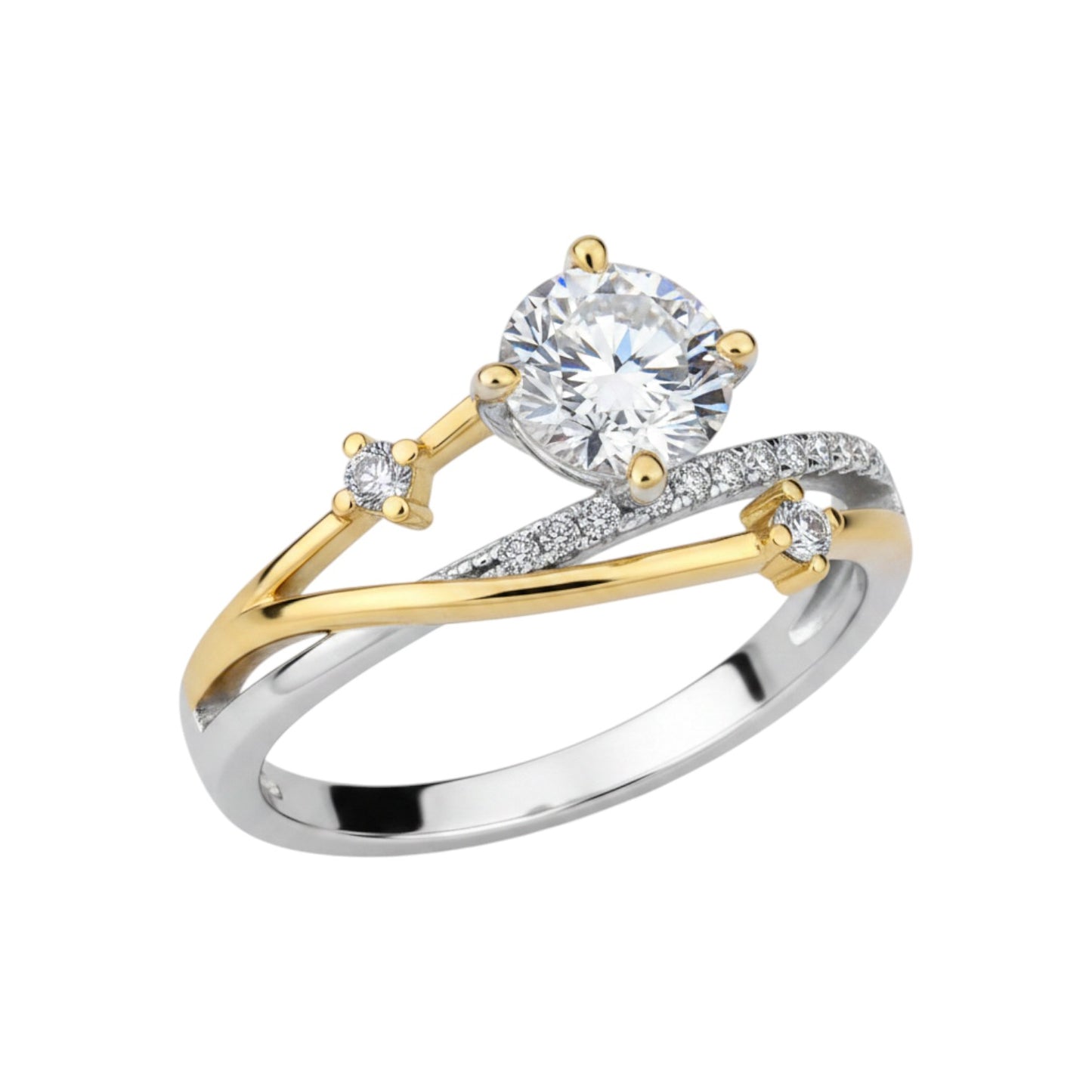 LUMIOR Seraphina ring met 1 karaat ronde briljant geslepen moissaniet in 925 sterling zilver met 18K goudkleurige accenten en kleine zirkonia's.