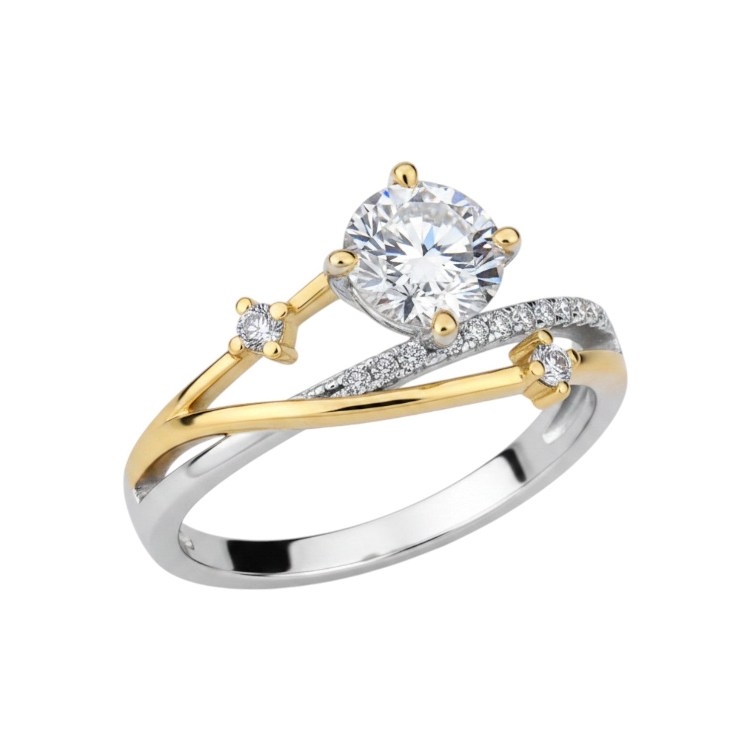 LUMIOR Seraphina ring met 1 karaat ronde briljant geslepen moissaniet in 925 sterling zilver met 18K goudkleurige accenten en kleine zirkonia's.