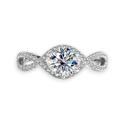 LUMIOR Valentina™ ring met gedraaide halo en 1 karaat moissaniet diamant in 925 sterling zilver met platina plating.