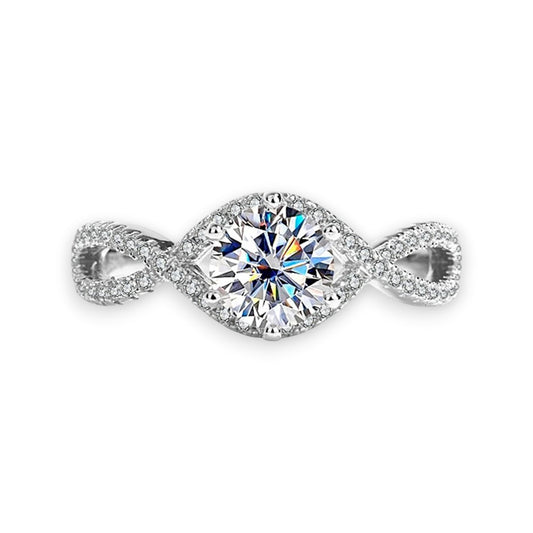 LUMIOR Valentina™ ring met gedraaide halo en 1 karaat moissaniet diamant in 925 sterling zilver met platina plating.