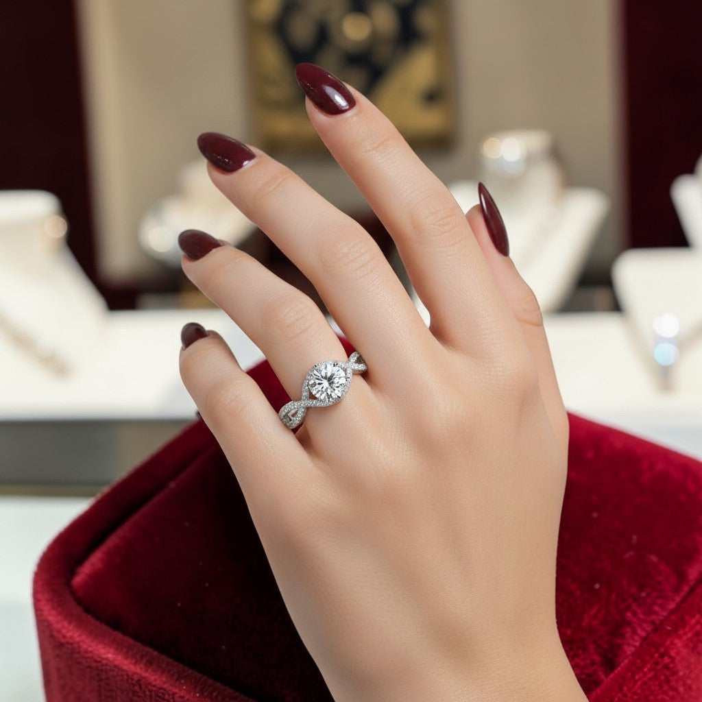 LUMIOR Valentina ring met 1 karaat moissaniet in gedraaid halo design, zilverkleurig