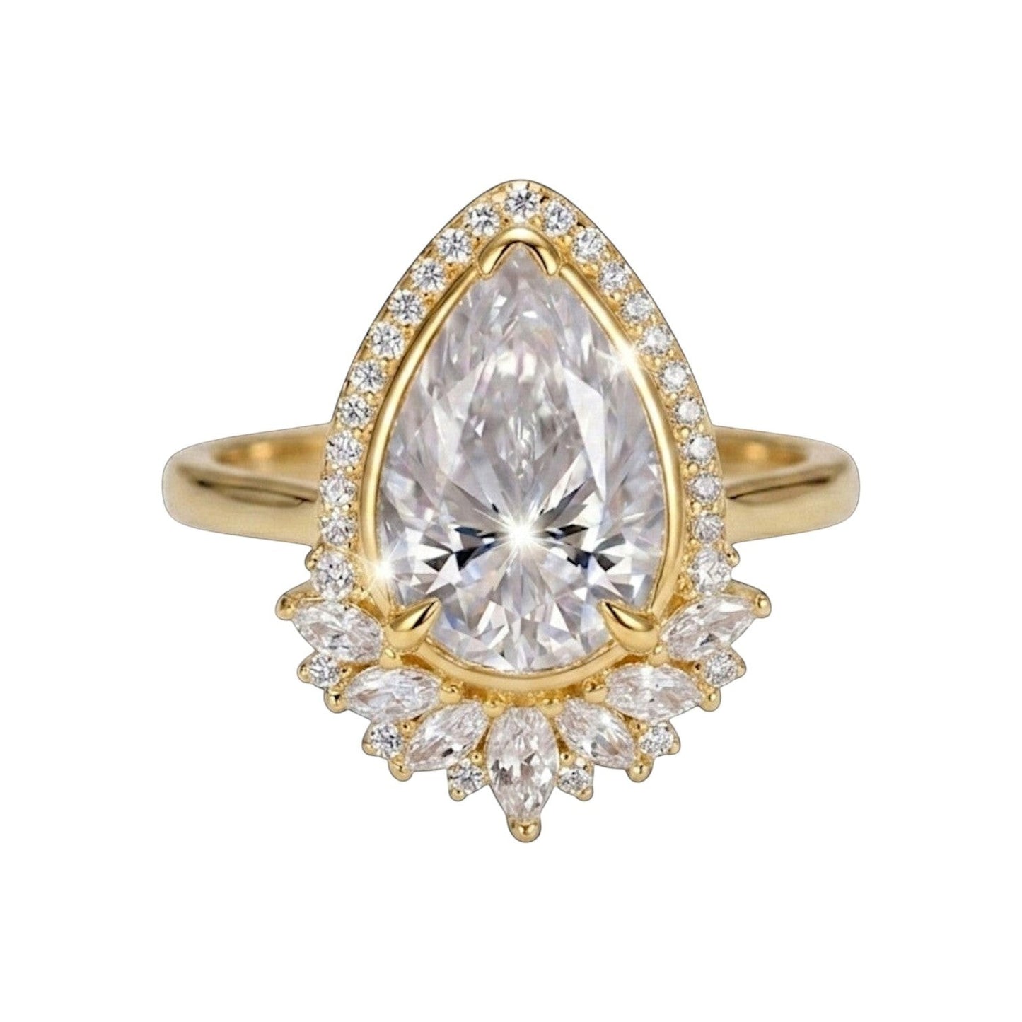 LUMIOR Flora vintage statement ring met 4 karaat peervormige moissaniet en 18k geelgouden afwerking.