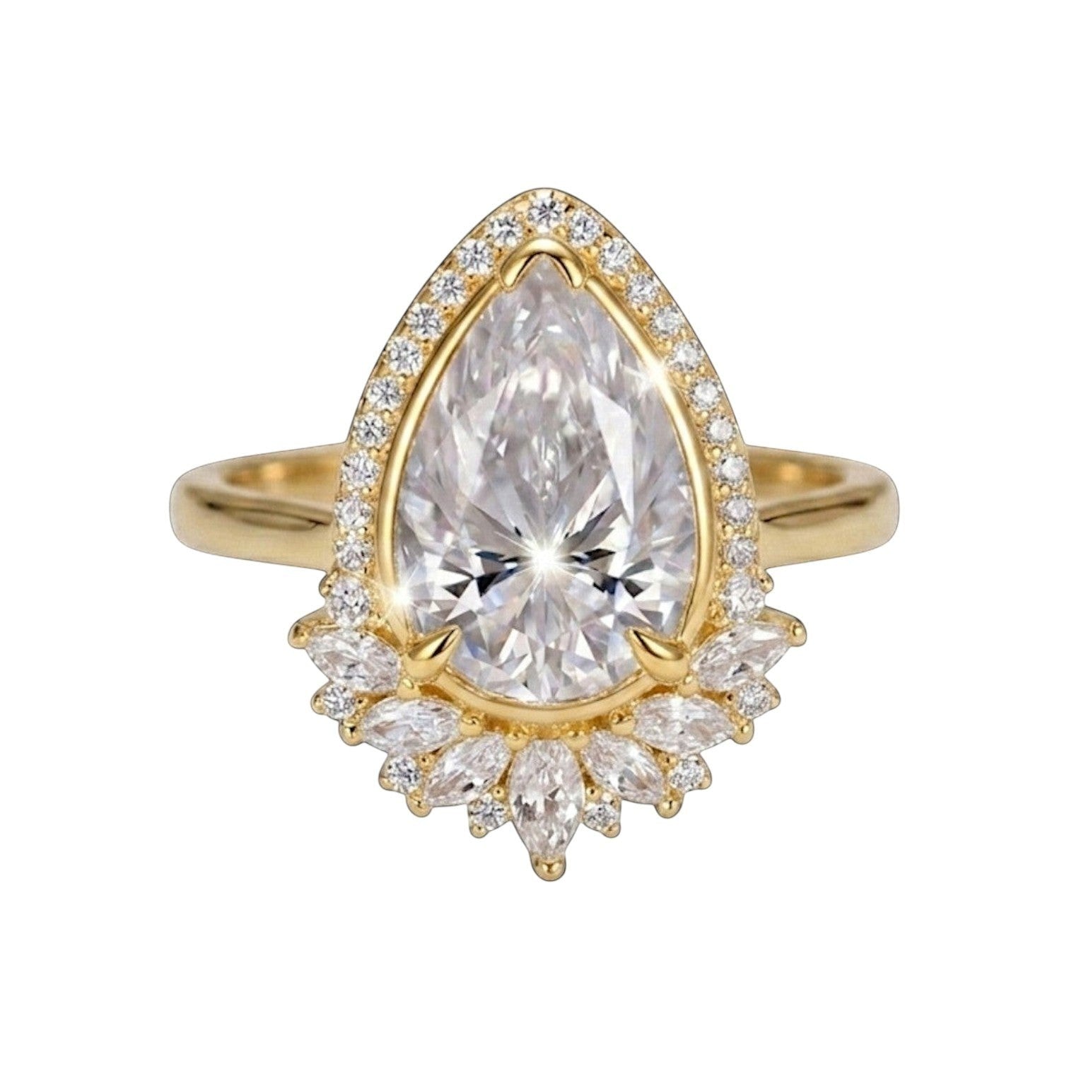 LUMIOR Flora vintage statement ring met 4 karaat peervormige moissaniet en 18k geelgouden afwerking.