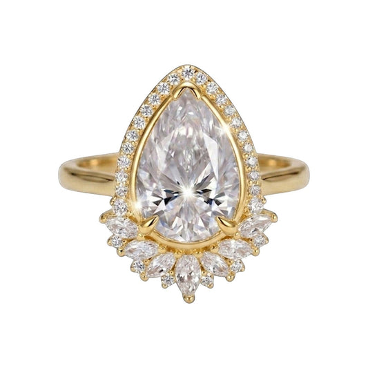 LUMIOR Flora vintage statement ring met 4 karaat peervormige moissaniet en 18k geelgouden afwerking.