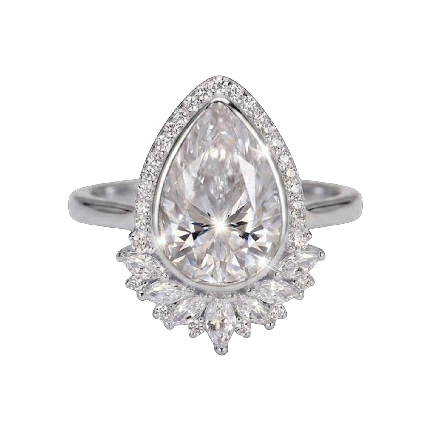 LUMIOR vintage statement ring met peervormige moissaniet en bloemvormige halo, 4 karaat, zilverkleurig
