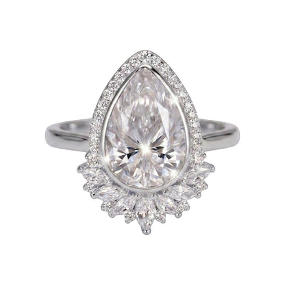 LUMIOR vintage statement ring met peervormige moissaniet en bloemvormige halo, 4 karaat, zilverkleurig
