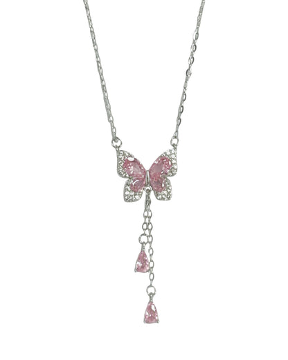 LUMIOR zilveren ketting met vlinderhanger bezet met roze en witte zirkoonstenen. Verstelbare kettinglengte.