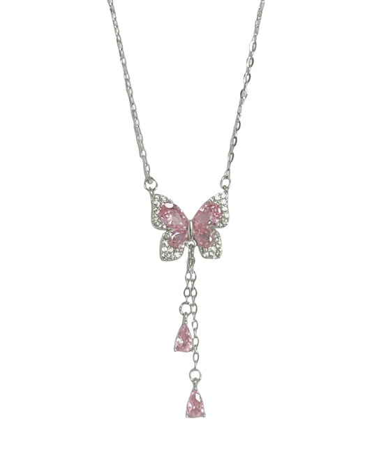 LUMIOR zilveren ketting met vlinderhanger bezet met roze en witte zirkoonstenen. Verstelbare kettinglengte.
