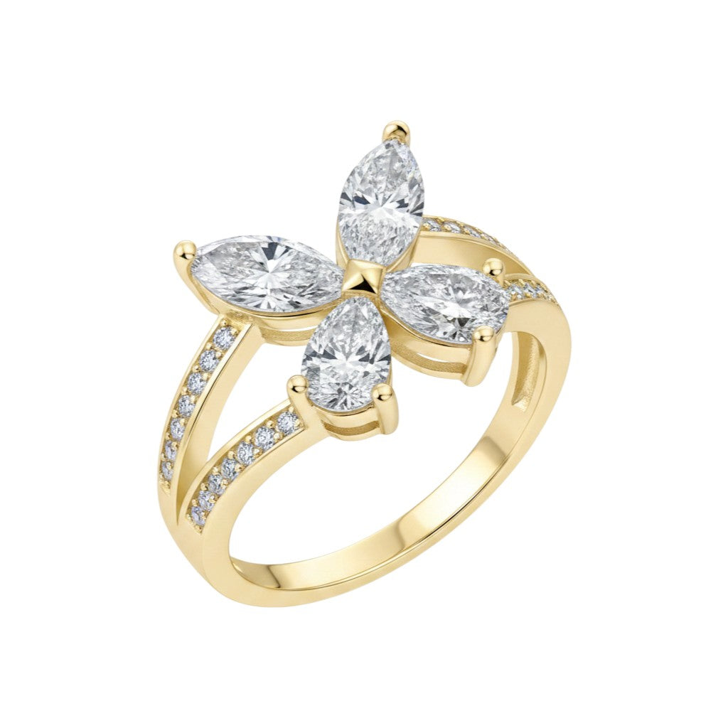 LUMIOR gouden ring met vlinderdesign en marquise geslepen moissaniet stenen, bezet met pavé.