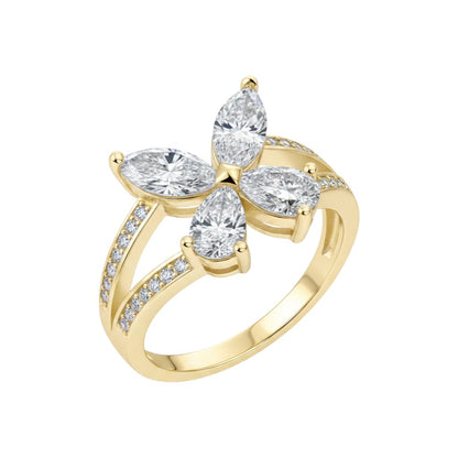 LUMIOR gouden ring met vlinderdesign en marquise geslepen moissaniet stenen, bezet met pavé.