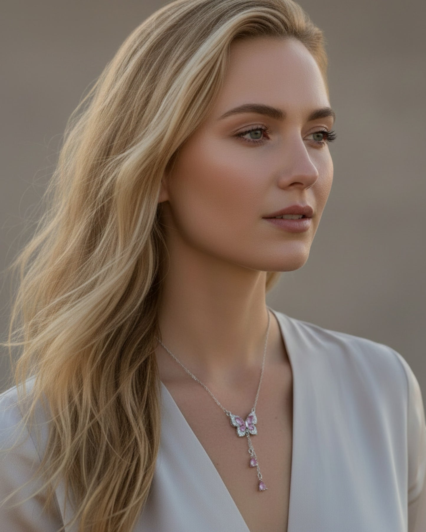 LUMIOR sterling zilveren vlinderketting met roze zirkoonstenen, 43cm kettinglengte met 5cm verlenging.
