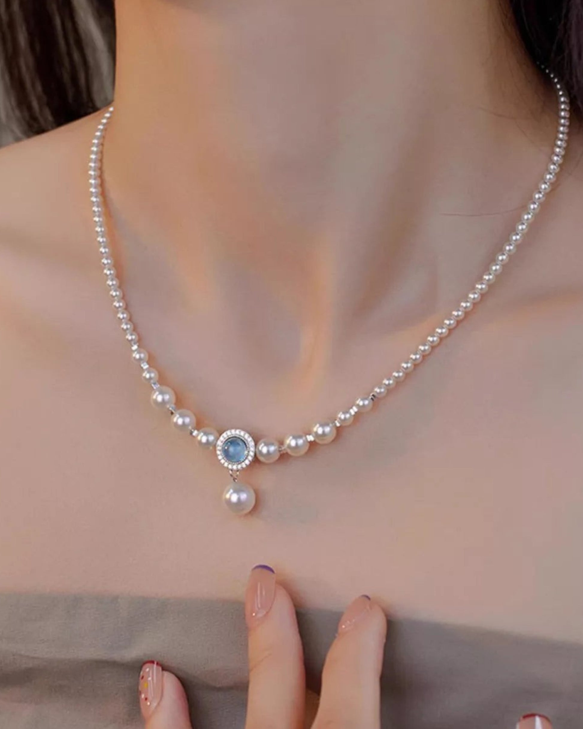 LUMIOR sterling zilveren ketting met parels en blauwe steen, 40 cm verstelbaar
