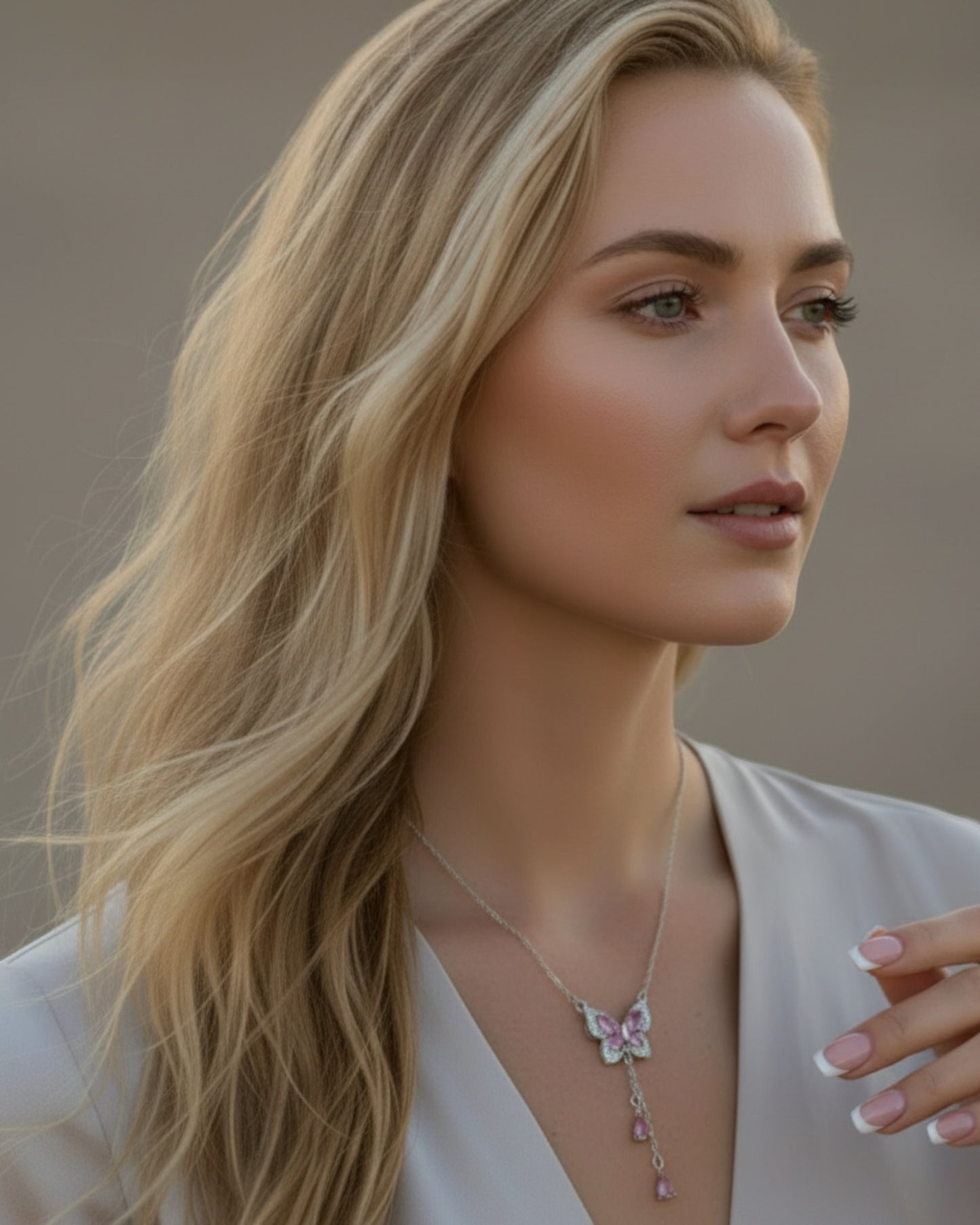 LUMIOR zilveren vlinderketting met roze en witte zirkoonstenen, gedragen door een model.