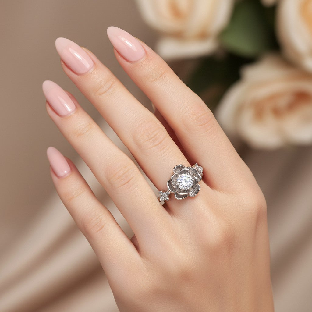 LUMIOR zilveren ring met waterlelie design en 0.50 karaat moissaniet diamant
