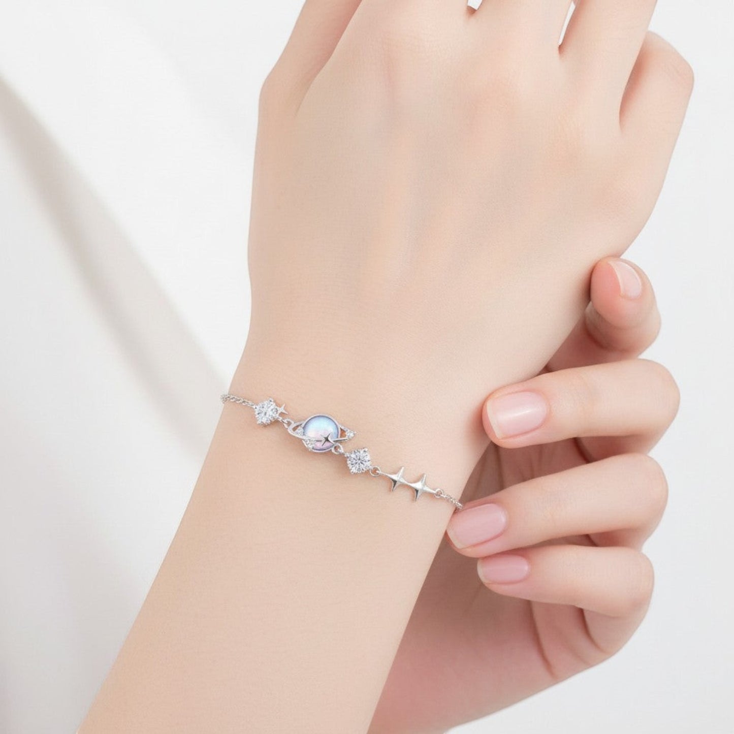 LUMIOR Zircon Star verstelbare armband van 925 sterling zilver met planeet- en sterbedels en zirkonia